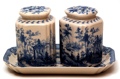 Porcelain Blue Salt & Pepper Set w Tray