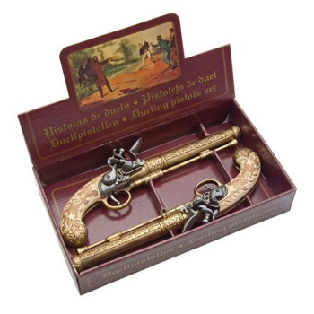 Belgian Engraved Dueling Set In Gold Finish Non Firing Replica Guns