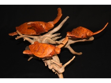 LARGE TURTLE HONU FAMILY SCULPTURE ON DRIFT WOOD SEA LIFE decor