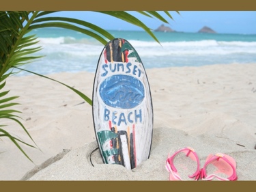 SUNSET BEACH SURF SIGN W FIN 14 SURFING DECOR
