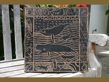 Whale Scene Black White Wooden Relief
