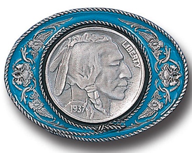 Indianhead blue Enamel Belt Buckle 3-1/2 x 2-1/2