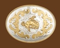 German Silver Bucking Bronco Belt Buckle 5 x 3-3/4