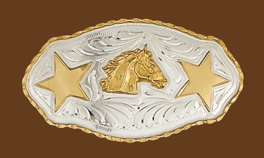 German Silver Horsehead & Stars Belt Buckle 5-3/4 x 3