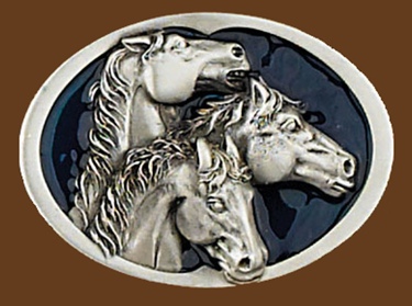 3 Horse Heads/blue enamel Belt Buckle 3-1/4 x 2-1/4
