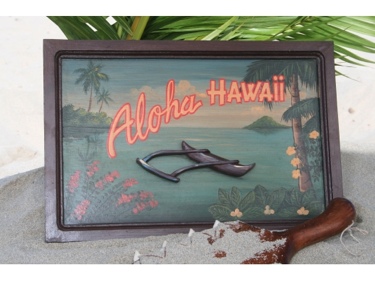VINTAGE PAINTED SIGN ALOHA HAWAII OUTRIGGER CANOE 18 X 12 HAWAIIAN SURF DECOR