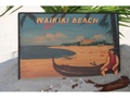 VINTAGE PAINTED SIGN WAIKIKI BEACH CANOE PADDLER 18 X 12 HAWAIIAN DECOR