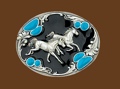 Running Horses Belt Buckle Black & Turquoise Enamel 3-1/4 x 2-1/2