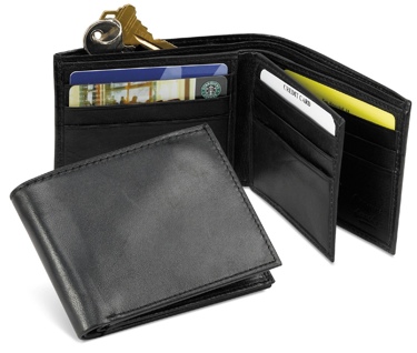 Leather Bifold Wallet Clear flap Black 3-1/4 x 9 -
