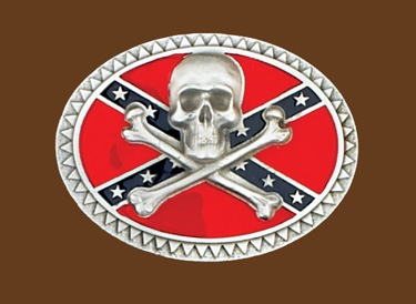 Skull & crossbones on Rebel flag Pewter Belt Buckle 3-3/4 x 3