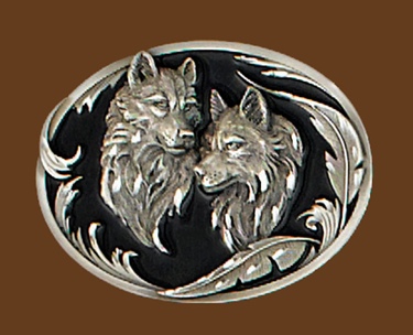 Wolf Heads Belt Buckle Diamond Cut 3-1/4 x 2-1/2