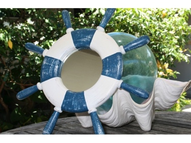 SHIP WHEEL MIRROR 20 BLUE WHITE NAUTICAL decor