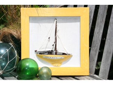 Framed Sail Boat Yellow Coastal 16 Hand Carved Nautical Decor