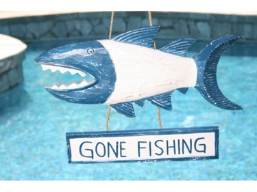 GONE FISHING SHARK ATTACK SIGN 15 BLUE NAUTICAL decor