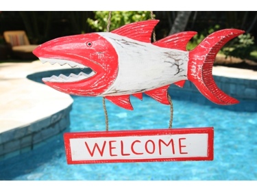 Welcome Shark Attack Sign 15 Red Nautical Decor