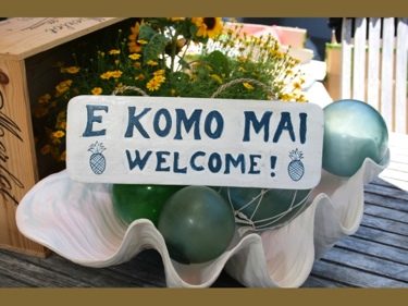 E Komo Mai Welcome Cottage Sign 14 Rustic White Blue Coastal Decor