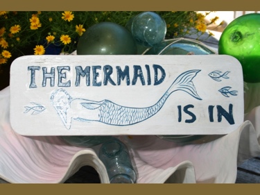 The Mermaid Is In Cottage Sign 14 Rustic White Blue Coastal Decor