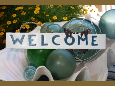 WELCOME W CRAB COTTAGE BEACH SIGN 14 RUSTIC WHITE BLUE COASTAL decor