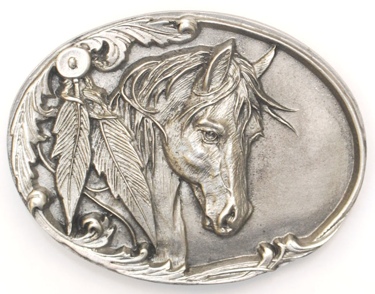 Horsehead With Feathers Belt Buckle 3 x 2-1/4