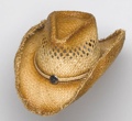 RAFFIA HAT / BUTTON ON FRONT / FRAYED EDGES