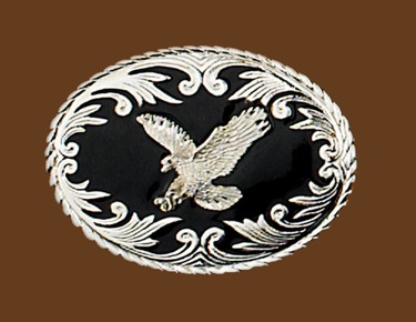 Silver Eagle on Black Enamel Belt Buckle 3-1/2 x 2-3/4