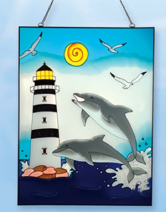 24 Inch x 18 Inch Dolphin Stain Glass Lighthouse Decor