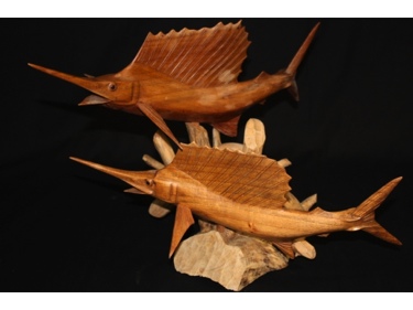 BLUE MARLIN FAMILY HAND CARVED ACACIA KOA SEA LIFE decor
