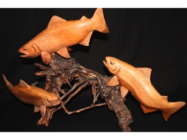 SALMON FISH FAMILY HAND CARVED ACACIA KOA SEA LIFE decor