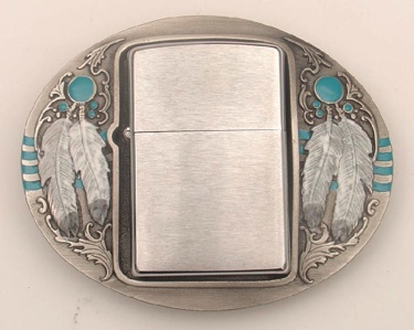 Zippo Belt Buckle with feathers/Turquoise 3-1/2 x 3