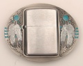 Zippo Belt Buckle with feathers/Turquoise 3-1/2 x 3